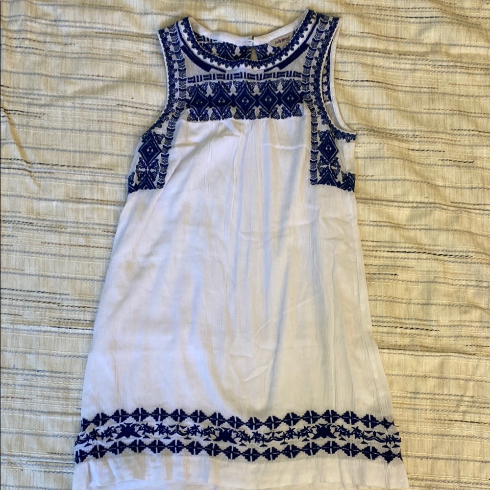 Lucky Brand Boho Dress Crinkle Gauze XS White Blue Embroidery with Lining